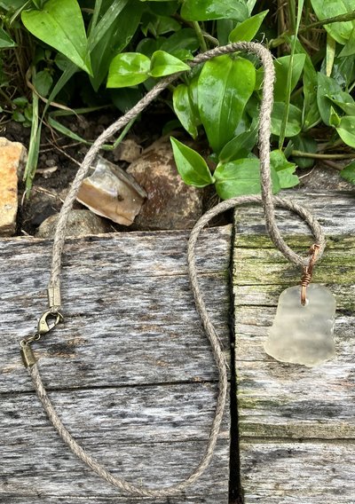River Glass Necklace wire wrapped clear antique glass copper hemp cord 