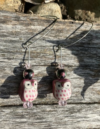 Ceramic Painted Rose Owls black beads  with rose accent beads   dramatic ear wire 