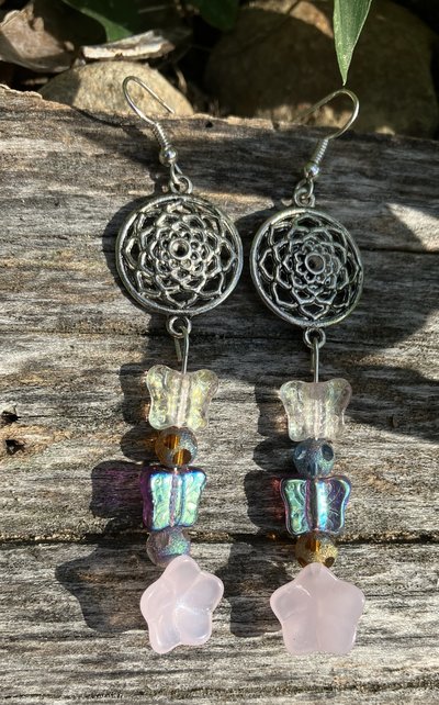 Metal lotus flower charm with dichroic glass butterfly beads with rose quartz flower earrings 