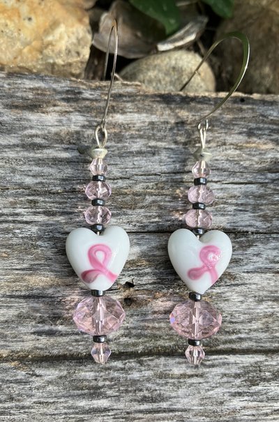 Lamp work Breast cancer Ribbon heart with pink crystal and hematite beads  earrings 