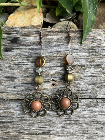 Flower  charm  with glass metal and crystal two tone  beads  copper colored  stylish fish hook earrings  
