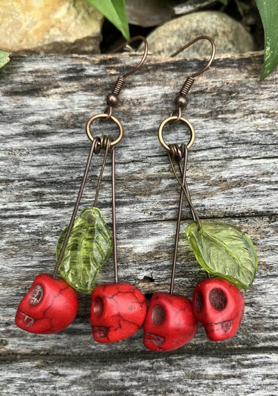 Red cherry Skulls green glass leaf  fishhook