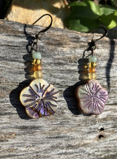 hibiscus carved shell with glass beads fish hook earrings 