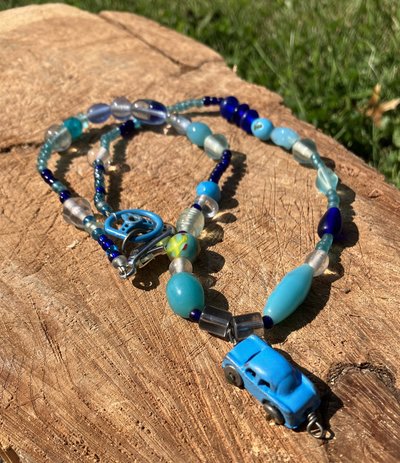 the little blue Car Necklace  various glass ,lampwork glass beads Autumnal collection - 1