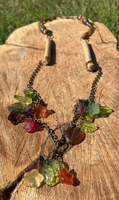 glass flowers and leaves  with wooden beads sourced from the Yantic River Autumnal collection - 1