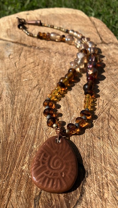 Ceramic Sun symbol with crystal,metal and glass beads  Autumnal collection - 1