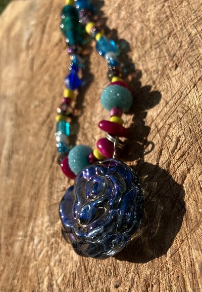 Handmade by Lucky Burrito Dichroic glass Rose pendant pinks and blues and shell, glass, lamp work beads Autumnal collection - 1