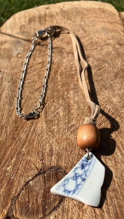 Handmade by Lucky Burrito River Glass Necklace  antique ceramic, wooden bead with chain and suede cord 
