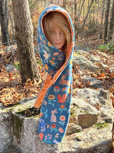 Handmade by Lucky Burrito Beautiful Hooded Scarves inspired by the designs of Sienna Rose* teal woodland and vegetation opposite orange mandala  motif reversible  Fleece