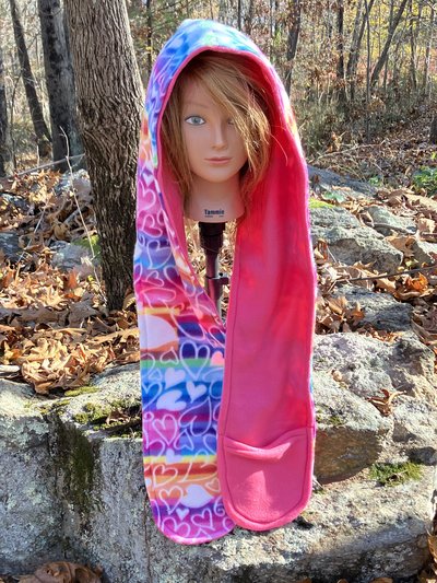Handmade by Lucky Burrito Beautiful Hooded Scarves inspired by the designs of Sienna Rose* Rainbow hearts and stripes motif 