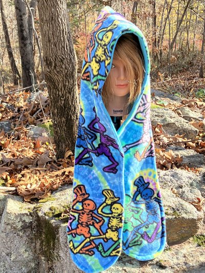 Handmade by Lucky Burrito Beautiful Hooded Scarves inspired by the designs of Sienna Rose* Grateful Dead licensed rainbow dancing skeletons on tie dye background with coordinating blue opposite 