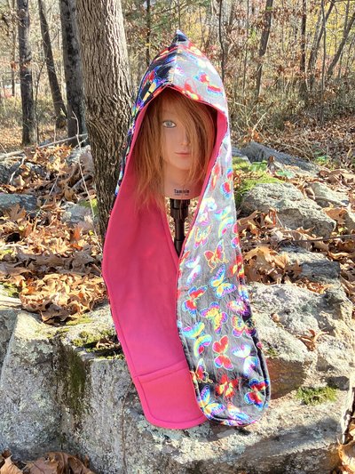 Handmade by Lucky Burrito Beautiful Hooded Scarves inspired by the designs of Sienna Rose* black background with rainbow butterfly motif Fleece reversible cotton and fleece 