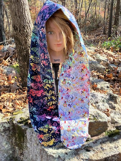 Handmade by Lucky Burrito Beautiful Hooded Scarves inspired by the designs of Sienna Rose* fully reversible cotton batik rainbow butterflies with opposite floral motif 