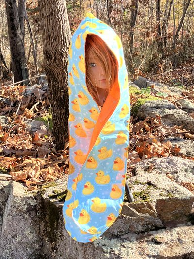 Handmade by Lucky Burrito Beautiful Hooded Scarves inspired by the designs of Sienna Rose* fully reversible water resistant blend with cotton Rubber duckies and bubbles motif #maxcreek