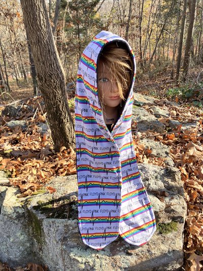 Handmade by Lucky Burrito Beautiful Hooded Scarves inspired by the designs of Sienna Rose* fully reversible Pink floyd licensed rainbow heart beat motif opposite black fleece 