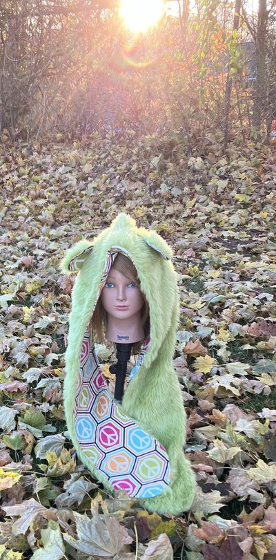 Handmade by Lucky Burrito Beautiful Hooded Scarves inspired by the designs of Sienna Rose* Granny Smith green faux fur with bear ears & with peace sign patterns opposite and inside of ears 