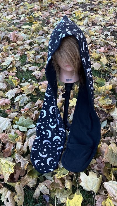 Handmade by Lucky Burrito Beautiful Hooded Scarves inspired by the designs of Sienna Rose*   Holographic moon and stars stretch knit cotton with black fleece opposite 