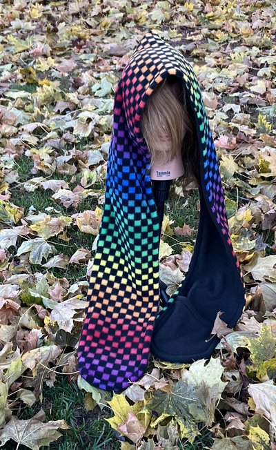 Handmade by Lucky Burrito Beautiful Hooded Scarves inspired by the designs of Sienna Rose*   psychedelic rainbow checkerboard pattern super plushy fleece with black opposite