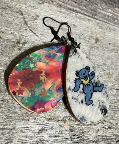 Handmade by Lucky Burrito Grateful Dead blue dancing bear wood earrings