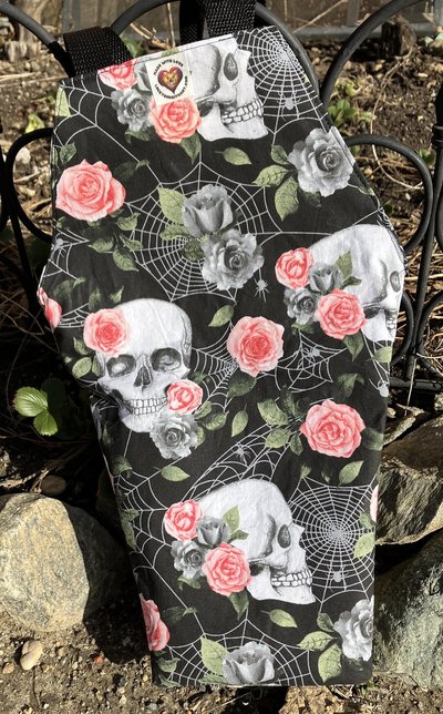 Handmade coffin bag by Lucky Burrito with Skulls, pink roses and spider design 