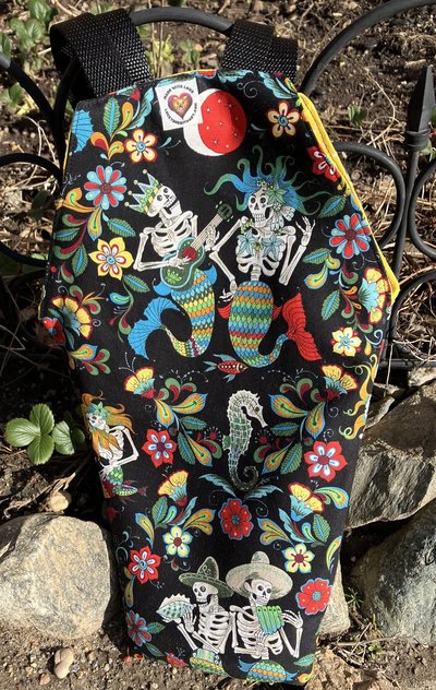 Handmade coffin bag by Lucky Burrito featuring Alexander Henry's Skeleton Fabric, Mermaid Fabric,  Esqueletos del Mar - Day of the Dead Mermaids on black