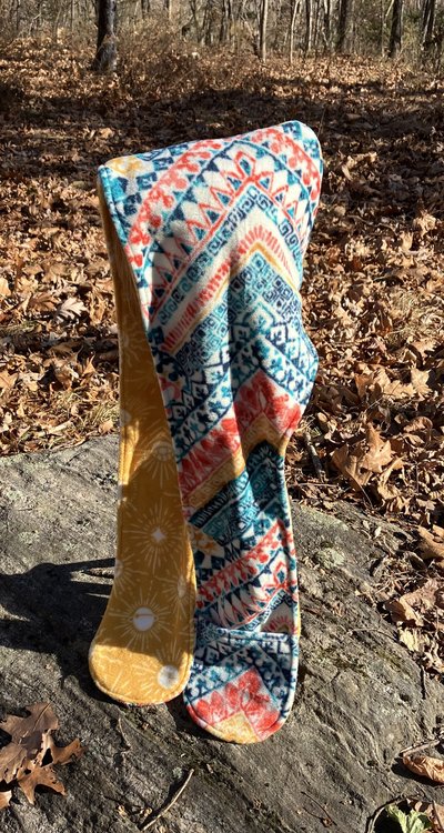 Handmade by Lucky Burrito Beautiful XL Hooded Scarves inspired by the designs of Sienna Rose* fully reversible meso-american/ sun
